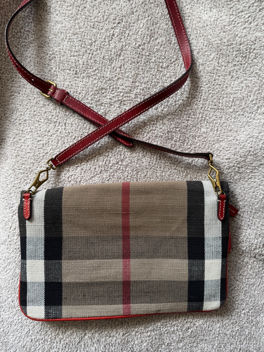 Burberry House Check Jute Clutch Crossbody Red Leather Trim - Picture 9 of 13